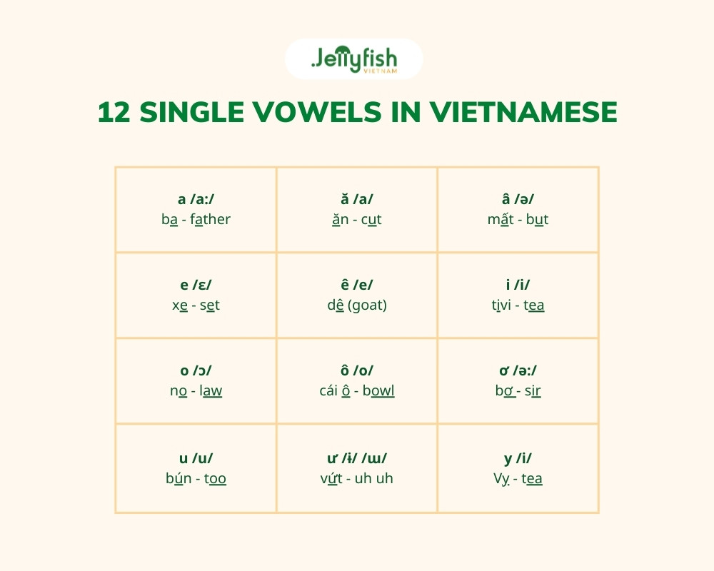 12 single vowels in Vietnamese